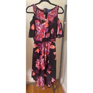 Apt. 9 XS Juniors High Low Dress Flutter Sleeve Pink Black Floral Cold Shoulder
